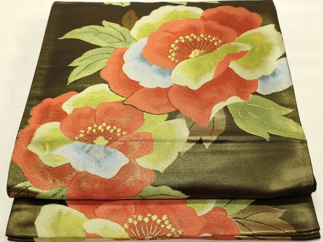 平和屋着物◎六通柄袋帯　牡丹　黒地　金糸　正絹　逸品　DAAT4833qp
