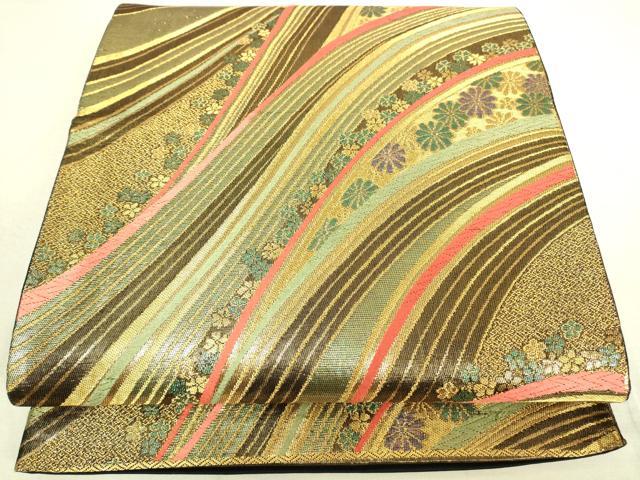 平和屋着物◎六通柄袋帯　流水花文　金糸　正絹　逸品　DAAK5825re