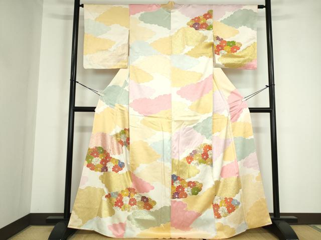 Rakuten - 平和屋着物■訪問着　雲取花文　金彩　正絹　逸品　DABA9237qa