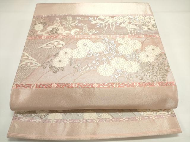 平和屋着物◎六通柄袋帯　横段花文　銀糸　正絹　逸品　DAAK7559xg