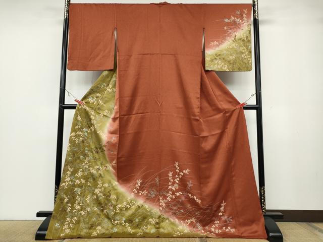 平和屋着物●訪問着 刺繍 舞蝶草葉文 暈し染め 銀彩 ロング丈 正絹 逸品 CABA8390ut