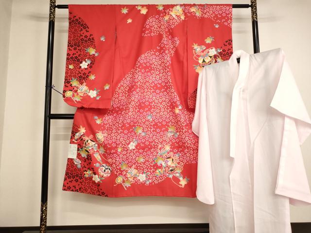 平和屋着物[]七五三　女の子　7歳　祝着　四つ身　長襦袢（単衣）セット　吉祥花手毬文　未使用　AABH2991ja