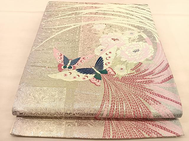 平和屋着物◎六通柄袋帯　唐織　花蝶文　銀糸　正絹　逸品　BAAU1078hv