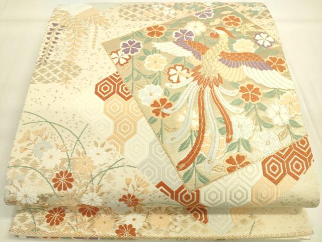 平和屋着物◎六通柄袋帯　唐織　色紙重ね鳳凰花文　金糸　正絹　逸品　DAAK5714re