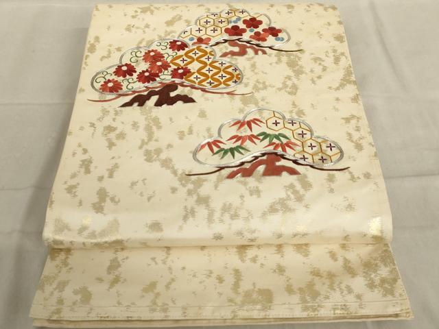 平和屋着物◎太鼓柄袋帯 駒刺繍 総刺繍 吉祥花文 松 金銀糸 正絹 逸品 AAAL3944tm