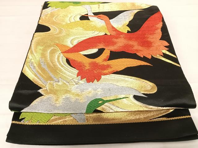 平和屋着物◎六通柄京袋帯　唐織　流水飛鶴文　黒地　金銀糸　正絹　逸品　AABD7204yx