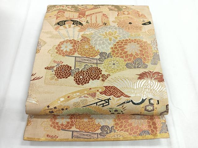 平和屋着物◎アンティーク　大正ロマン　丸帯　飛鶴花文　金銀糸　正絹　逸品　CABD5106nb