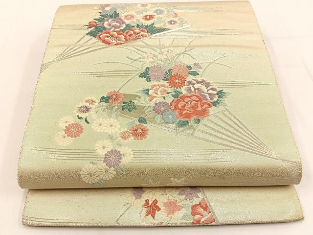 平和屋着物◎六通柄袋帯　唐織　扇面花文　九百錦　プラチナ摺箔　二重織　正絹　逸品　未使用　BAAV2998hj