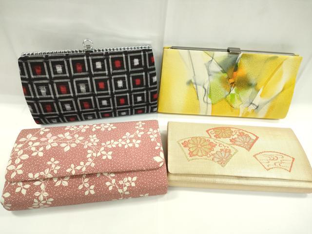 平和屋着物▼和装小物 和装バッグまとめて4点 ハンドバッグ 手描き 地紙流水花文 枝葉文 紬地 クラッチ 金銀糸 逸品 CABC1092ju