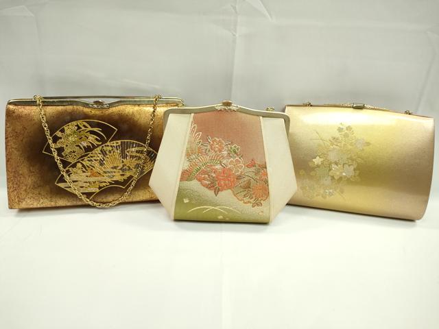 平和屋着物▼和装小物 和装バッグまとめて3点 ハンドバッグ 螺鈿箔 地紙重ねエ霞花車文 雪輪鳳凰花文 金彩 逸品 CABC1093ju