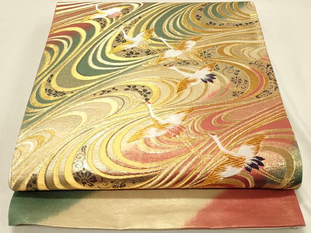 平和屋着物◎六通柄袋帯　唐織　飛鶴流水文　金糸　正絹　逸品　DAAV2994qp