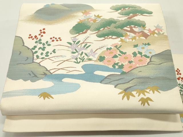 平和屋着物●爪掻き本綴れ　八寸名古屋帯　流水風景花松文　薄卵色　正絹　逸品　DAAW6870ob