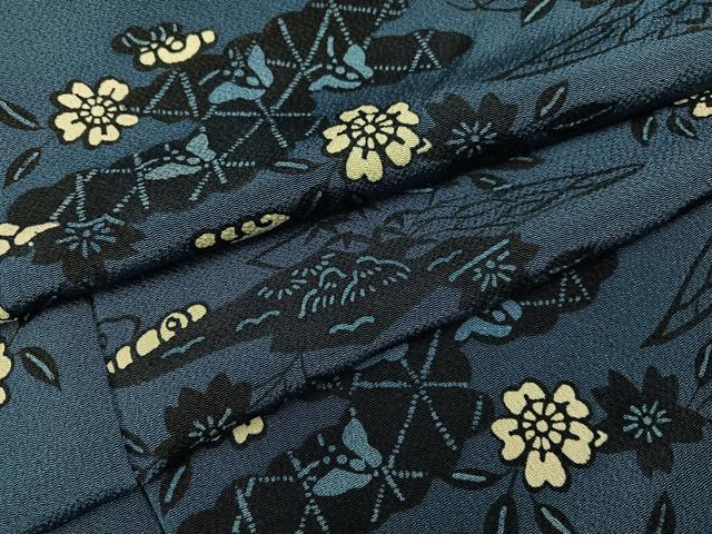 平和屋着物●上質な小紋　藍　型染め　花蝶文　鬼しぼ縮緬　正絹　逸品　AABH2024ph