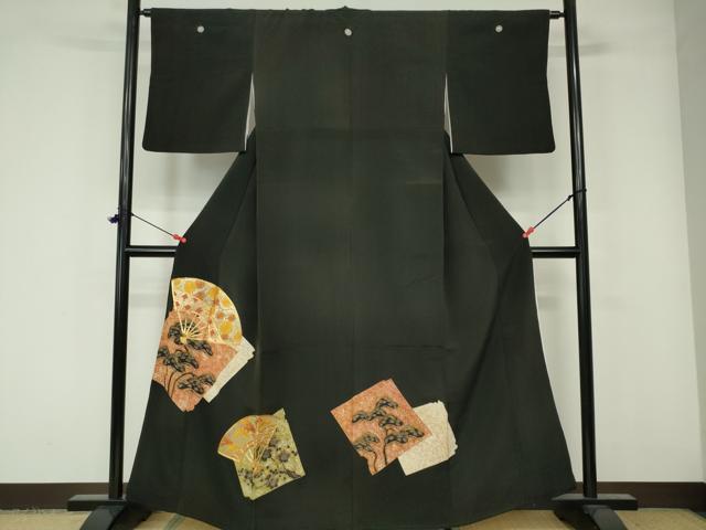 平和屋着物■豪華黒留袖 駒刺繍 扇面花松文 金彩 正絹 逸品 DAAW0934op