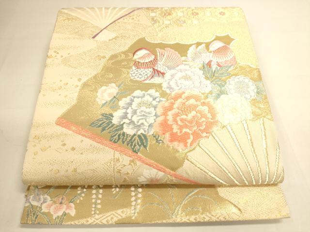 平和屋着物◎六通柄袋帯　唐織　鴛鴦扇面花文　金糸　正絹　逸品　DAAI5765op