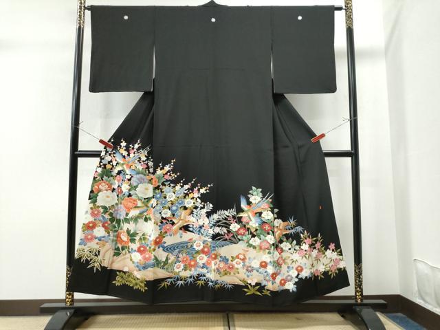 平和屋着物●本加賀友禅作家 稲荷茂雄 黒留袖 友禅 作家物 尾長鳥流水花文 正絹 逸品 CAAU1985yc