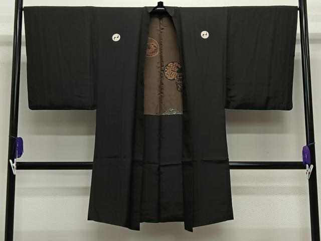 平和屋着物∞男性　長羽織　黒紋付　羽裏：唐獅子　正絹　逸品　CABE5111ua