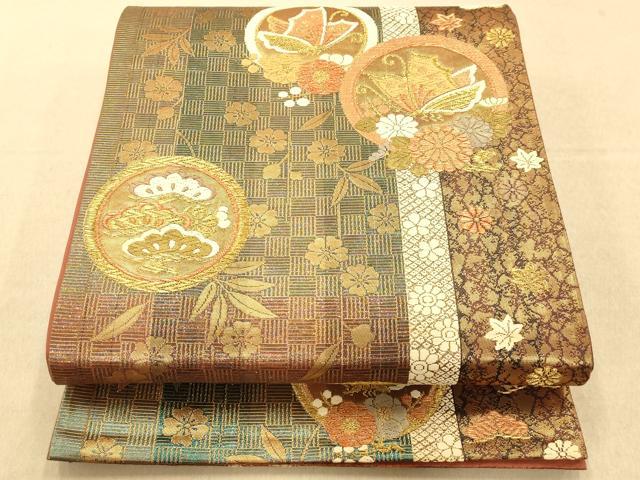平和屋着物◎六通柄袋帯 唐織 花蝶丸文 松 金糸 正絹 逸品 AAAO8552fw