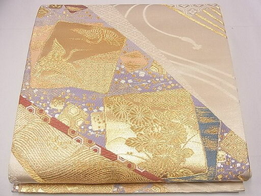 平和屋着物◎六通柄袋帯 色紙扇面花鳥文 金糸 逸品 CAAD0625eg 平和屋着物◎六通柄袋帯 色紙扇面花鳥文 金糸 逸品 CAAD0625eg