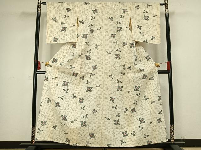 平和屋着物▽本塩沢　単衣　花唐草文　正絹　逸品　AABB2289fy