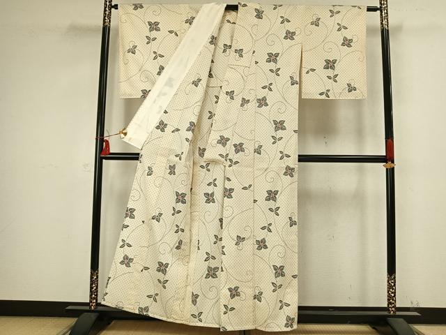 平和屋着物▽本塩沢　単衣　花唐草文　正絹　逸品　AABB2289fy