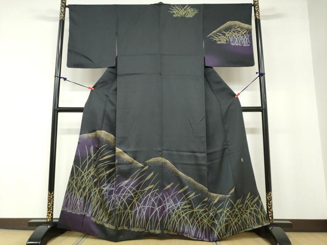 平和屋着物●北大路魯山人　訪問着　芒文　暈し染め　黒地　金銀彩　正絹　逸品　DABB0352ud