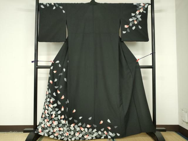平和屋着物▽訪問着　単衣　舞桜　黒地　金彩　洗える着物　DABF3348op