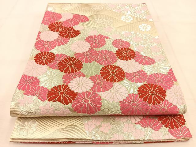 平和屋着物◎西陣　服部織物謹製　六通柄袋帯　唐織　白鳥緞子　花流水　銀糸　正絹　逸品　BAAU2600yc