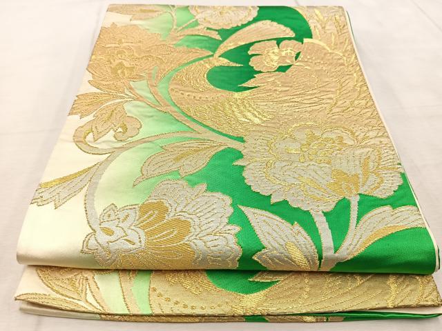 平和屋着物◎六通柄袋帯　孔雀更紗　金銀彩　正絹　逸品　BAAV4489yc