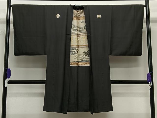 Other - 平和屋着物∞男性　長羽織　黒紋付　羽裏：風景文　正絹　逸品　CABE5112ua