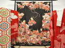 平和屋本店■極上 アンティーク 大正ロマン 振袖・長襦袢・丸帯・帯揚げセット 駒刺繍 檜扇御所車花鳥文 黒地 金彩 逸品 CYAA1729s5