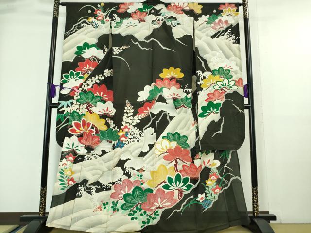Summer Wear - 平和屋本店■希少　夏物　アンティーク　大正ロマン　振袖　絽　駒刺繍　立波松花文　黒地　逸品　DZAA7075kh5