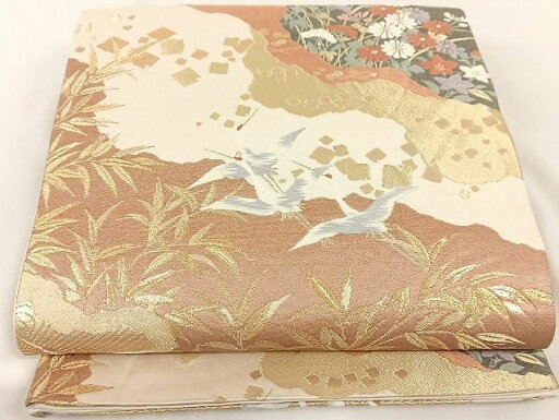 平和屋着物◎六通柄袋帯 唐織 飛鶴草花文 金糸 正絹 逸品 AAAJ1762Bsa 平和屋着物◎六通柄袋帯 唐織 飛鶴草花文 金糸 正絹 逸品 AAAJ1762Bsa