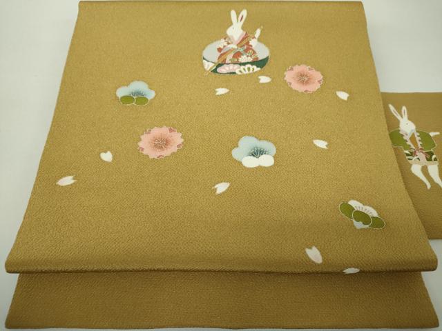平和屋着物●九寸名古屋帯　兎　一寸法師　舞桜　鬼しぼ縮緬　金彩　正絹　逸品　未使用　DABE5321ps