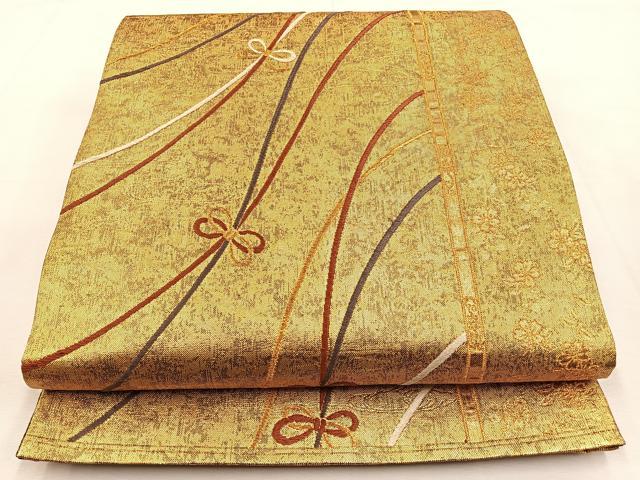 平和屋着物◎六通柄袋帯　唐織　結び紐文　金糸　正絹　逸品　BAAS6554hj