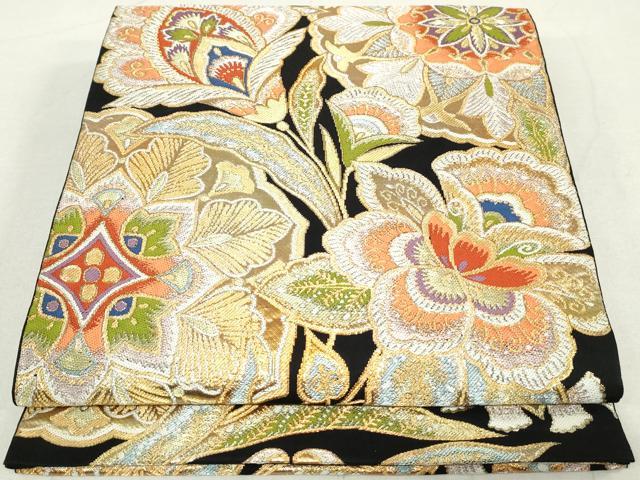 平和屋着物◎六通柄袋帯　正倉院更紗花文　黒地　金銀糸　正絹　逸品　DAAU1401qa