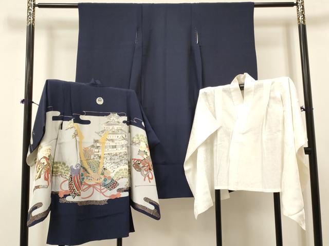 Kimono （For Girls） - 平和屋着物[]七五三　男の子　祝着・羽織・長襦袢(無双仕立て)セット　龍　兜　風景松文　金彩　DABA3600ma