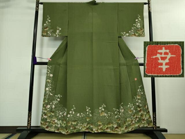 平和屋着物■極上　夏物　ファッションデザイナー 花井幸子　訪問着　単衣　草花文　麹塵色地　逸品　DZ..