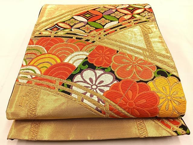 平和屋着物◎六通柄袋帯　唐織　渡橋有職花文　黒地　金糸　正絹　逸品　BAAS6488hj