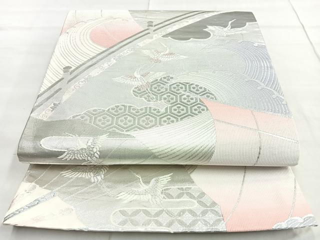 平和屋着物◎六通柄袋帯 唐織 渡橋飛鶴文 プラチナ箔 正絹 逸品 BAAN2151cm