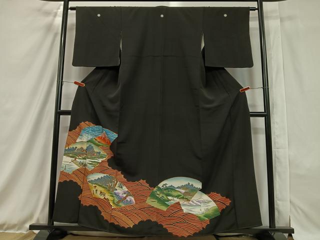 平和屋着物■豪華黒留袖 歌川広重画 駒刺繍 地紙人物風景文 金彩 正絹 逸品 CAAX7635ua