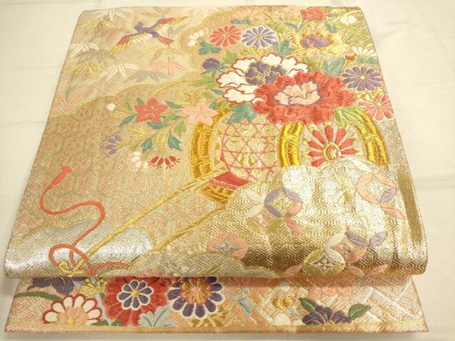 平和屋着物◎六通柄袋帯　唐織　飛蝶花車文　金糸　正絹　逸品　DAAL3855cd