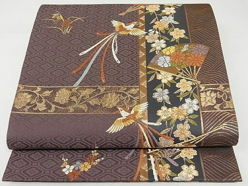 平和屋着物◎六通柄袋帯 唐織 扇面鳳凰花文 金糸 正絹 逸品 AAAF0461Asx 平和屋着物◎六通柄袋帯 唐織 扇面鳳凰花文 金糸 正絹 逸品 AAAF0461Asx