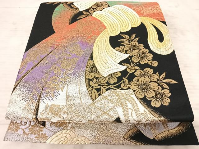 平和屋着物◎六通柄袋帯　束ね熨斗花文　黒地　金糸　正絹　逸品　AAAZ2164yx