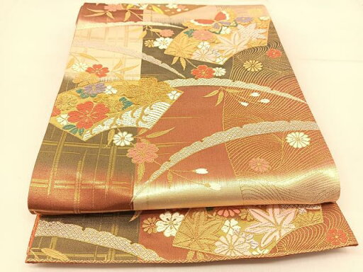 平和屋着物◎六通柄袋帯 唐織 地紙花蝶文 金糸 正絹 逸品 BAAT8279yc 平和屋着物◎六通柄袋帯 唐織 地紙花蝶文 金糸 正絹 逸品 BAAT8279yc