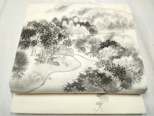 平和屋着物●九寸開き名古屋帯　作家物　手描き　紬地　風景文　正絹　逸品　CABD0779hy