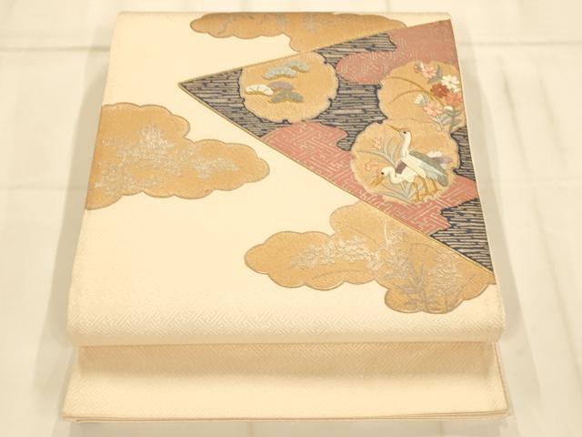 平和屋着物◎太鼓柄袋帯　駒刺繍　総刺繍　雲取り雪輪草花鶴文　金糸　金銀彩　正絹　逸品　AAAM8579fw