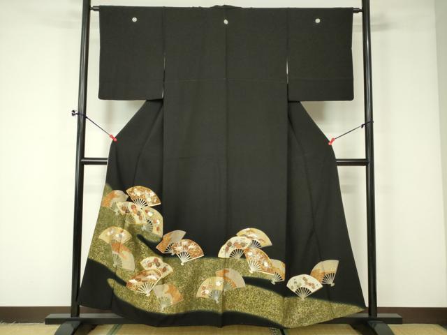 平和屋着物■豪華黒留袖 駒刺繍 舞扇草花文 暈し染め 金彩 正絹 逸品 DAAP6221cm