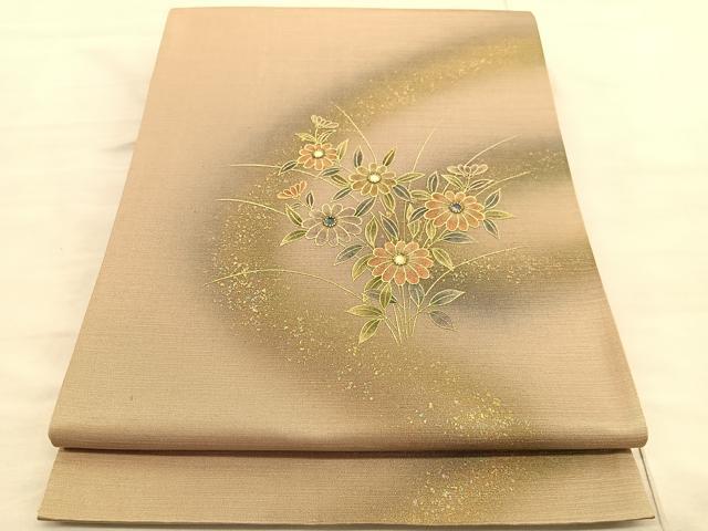 平和屋着物◎太鼓柄袋帯　螺鈿　草花文　金彩　引箔　正絹　逸品　BAAV3433hv