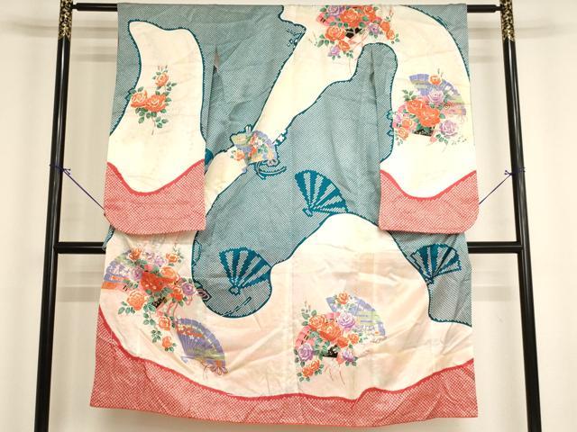 平和屋着物[]七五三　女の子　7歳　祝着　四つ身　檜扇花文　薔薇　暈し染め　金彩　洗える着物　AABI2831ja